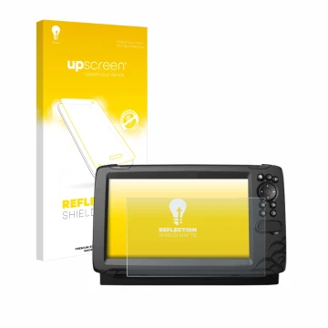 Vorderseite einer Produktverpackung mit dem Markenlogo upscreen. Daneben ist das Gerät Lowrance HOOK Reveal 9 mit dem zugehöri