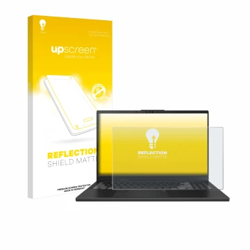 Vorderseite einer Produktverpackung mit dem Markenlogo upscreen. Daneben ist das Gerät ASUS VivoBook Pro 15 OLED N6506 mit dem