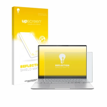 Vorderseite einer Produktverpackung mit dem Markenlogo upscreen. Daneben ist das Gerät ASUS Vivobook S 14 OLED M5406 mit dem z
