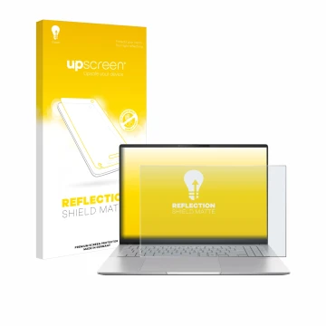 Vorderseite einer Produktverpackung mit dem Markenlogo upscreen. Daneben ist das Gerät ASUS Vivobook S16 OLED M5606 mit dem zu