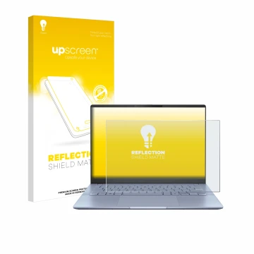 Vorderseite einer Produktverpackung mit dem Markenlogo upscreen. Daneben ist das Gerät ASUS Vivobook S 14 OLED S5406 mit dem z