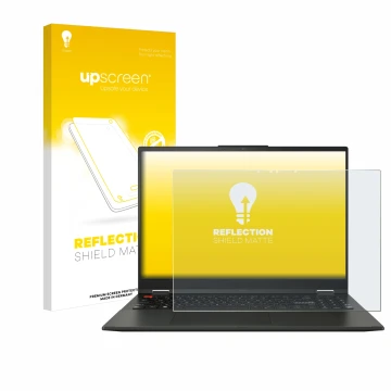 Vorderseite einer Produktverpackung mit dem Markenlogo upscreen. Daneben ist das Gerät ASUS Vivobook S 16 Flip TN3604 mit dem 