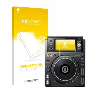 Vorderseite einer Produktverpackung mit dem Markenlogo upscreen. Daneben ist das Gerät Pioneer XDJ -1000MK2 mit dem zugehörige