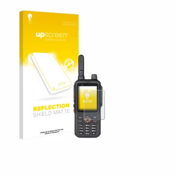 Vorderseite einer Produktverpackung mit dem Markenlogo upscreen. Daneben ist das Gerät Inrico T320 mit dem zugehörigen Display