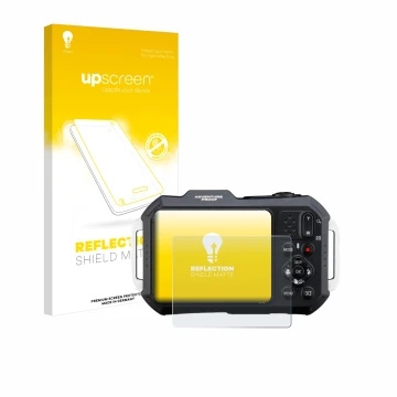 Vorderseite einer Produktverpackung mit dem Markenlogo upscreen. Daneben ist das Gerät Ricoh Pentax WG-1000 mit dem zugehörige
