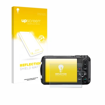 Vorderseite einer Produktverpackung mit dem Markenlogo upscreen. Daneben ist das Gerät Ricoh Pentax WG-8 mit dem zugehörigen D