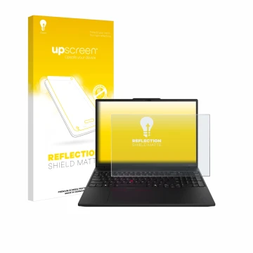 Vorderseite einer Produktverpackung mit dem Markenlogo upscreen. Daneben ist das Gerät Lenovo ThinkPad P16s Gen 3 mit dem zuge