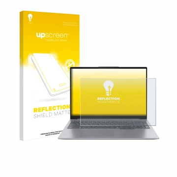 Vorderseite einer Produktverpackung mit dem Markenlogo upscreen. Daneben ist das Gerät Lenovo ThinkBook 16 Gen 7 mit dem zugeh