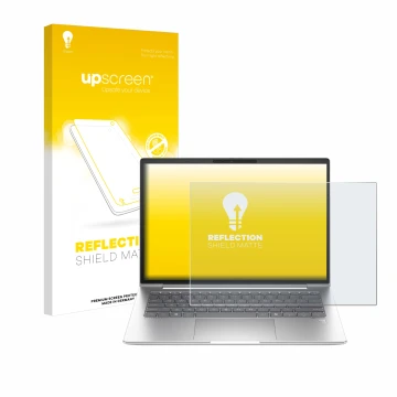 Vorderseite einer Produktverpackung mit dem Markenlogo upscreen. Daneben ist das Gerät HP EliteBook 645 G11 mit dem zugehörige