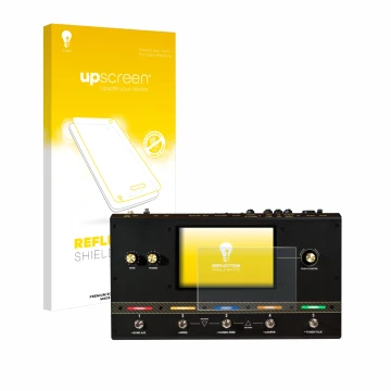 Vorderseite einer Produktverpackung mit dem Markenlogo upscreen. Daneben ist das Gerät Headrush Core mit dem zugehörigen Displ