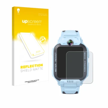 Vorderseite einer Produktverpackung mit dem Markenlogo upscreen. Daneben ist das Gerät Imoo Watch Phone Z7 mit dem zugehörigen