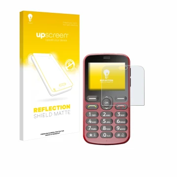 Vorderseite einer Produktverpackung mit dem Markenlogo upscreen. Daneben ist das Gerät Doro 1880 mit dem zugehörigen Displaysc