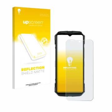 Vorderseite einer Produktverpackung mit dem Markenlogo upscreen. Daneben ist das Gerät Doogee S118 mit dem zugehörigen Display