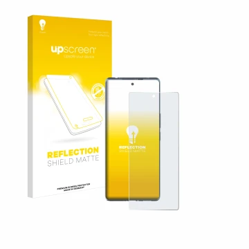 Vorderseite einer Produktverpackung mit dem Markenlogo upscreen. Daneben ist das Gerät HTC U24 Pro mit dem zugehörigen Display