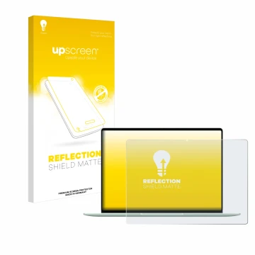 Vorderseite einer Produktverpackung mit dem Markenlogo upscreen. Daneben ist das Gerät Huawei MateBook 14 2024 mit dem zugehör