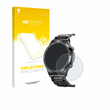 Vorderseite einer Produktverpackung mit dem Markenlogo upscreen. Daneben ist das Gerät Powerwill Smartwatch 1.39