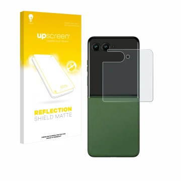 Vorderseite einer Produktverpackung mit dem Markenlogo upscreen. Daneben ist das Gerät Motorola Razr 50 (Hinteres Display) mit