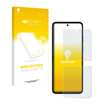 Vorderseite einer Produktverpackung mit dem Markenlogo upscreen. Daneben ist das Gerät Motorola Razr 50 Ultra mit dem zugehöri