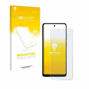 Vorderseite einer Produktverpackung mit dem Markenlogo upscreen. Daneben ist das Gerät Motorola Moto E14 mit dem zugehörigen D