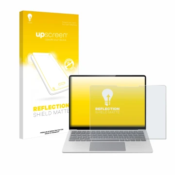 Vorderseite einer Produktverpackung mit dem Markenlogo upscreen. Daneben ist das Gerät Microsoft Surface Laptop 7 13.8