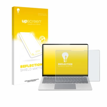 Vorderseite einer Produktverpackung mit dem Markenlogo upscreen. Daneben ist das Gerät Microsoft Surface Laptop 7 15