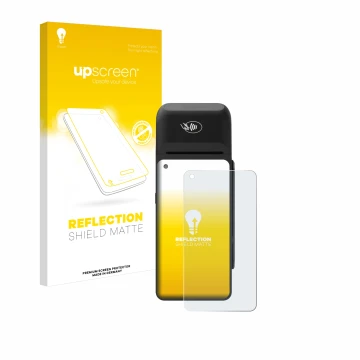 Vorderseite einer Produktverpackung mit dem Markenlogo upscreen. Daneben ist das Gerät Verifone T650c mit dem zugehörigen Disp