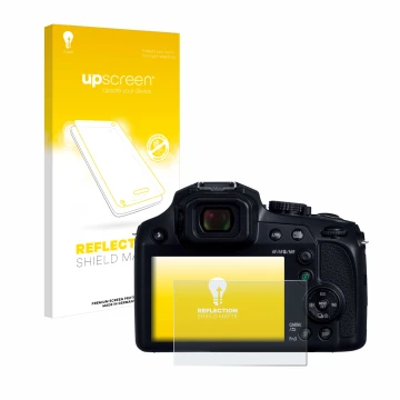 Vorderseite einer Produktverpackung mit dem Markenlogo upscreen. Daneben ist das Gerät Panasonic Lumix DC-FZ82D mit dem zugehö