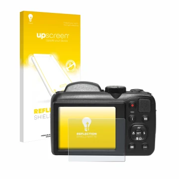 Vorderseite einer Produktverpackung mit dem Markenlogo upscreen. Daneben ist das Gerät Kodak Pixpro AZ255 mit dem zugehörigen 