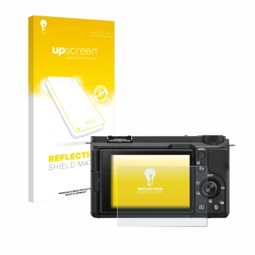 Vorderseite einer Produktverpackung mit dem Markenlogo upscreen. Daneben ist das Gerät Sony Alpha ZV-E10 II mit dem zugehörige