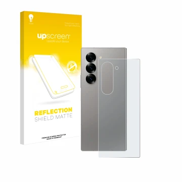 Vorderseite einer Produktverpackung mit dem Markenlogo upscreen. Daneben ist das Gerät Samsung Galaxy Z Fold 6 5G (Rückseite) 