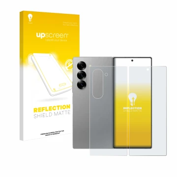Vorderseite einer Produktverpackung mit dem Markenlogo upscreen. Daneben ist das Gerät Samsung Galaxy Z Fold 6 5G (Display+Rüc
