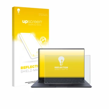 Vorderseite einer Produktverpackung mit dem Markenlogo upscreen. Daneben ist das Gerät ASUS ZenBook Pro 14 UX6404V mit dem zug