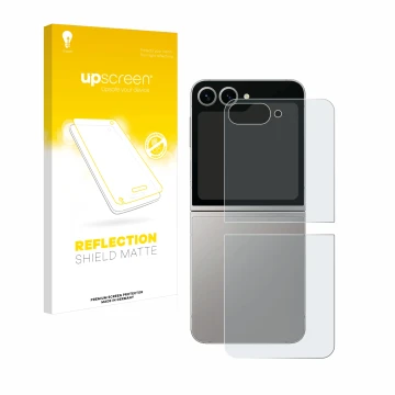 Vorderseite einer Produktverpackung mit dem Markenlogo upscreen. Daneben ist das Gerät Samsung Galaxy Z Flip 6 (Rückseite) mit
