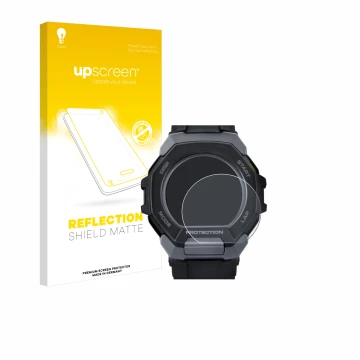 Vorderseite einer Produktverpackung mit dem Markenlogo upscreen. Daneben ist das Gerät Casio G-Shock G-Squad GBD-300 mit dem z