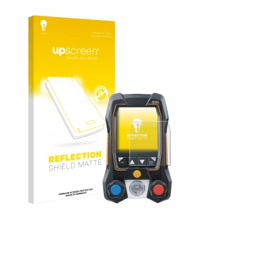 Vorderseite einer Produktverpackung mit dem Markenlogo upscreen. Daneben ist das Gerät Testo 550s mit dem zugehörigen Displays