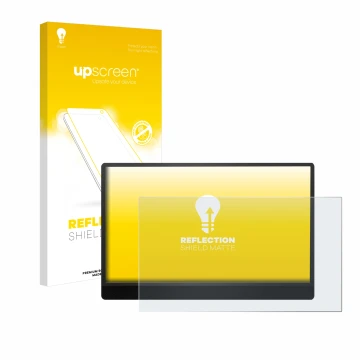 Vorderseite einer Produktverpackung mit dem Markenlogo upscreen. Daneben ist das Gerät MSI Pro MP161 E2 mit dem zugehörigen Di