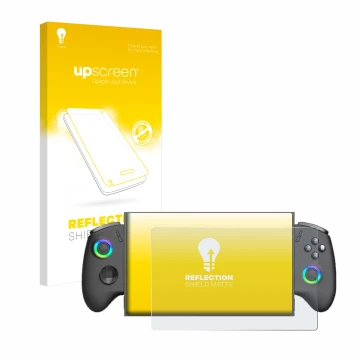 Vorderseite einer Produktverpackung mit dem Markenlogo upscreen. Daneben ist das Gerät OneXPlayer X1 Mini mit dem zugehörigen 
