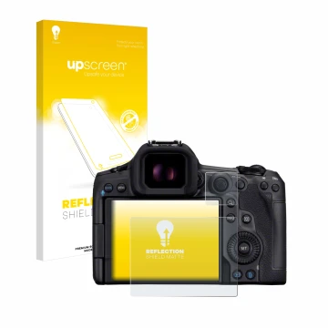 Vorderseite einer Produktverpackung mit dem Markenlogo upscreen. Daneben ist das Gerät Canon EOS R5 Mark II mit dem zugehörige