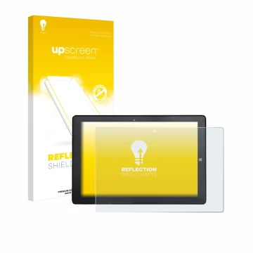 Vorderseite einer Produktverpackung mit dem Markenlogo upscreen. Daneben ist das Gerät Awow AiBook 10 mit dem zugehörigen Disp