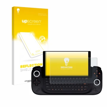 Vorderseite einer Produktverpackung mit dem Markenlogo upscreen. Daneben ist das Gerät Ayaneo Slide mit dem zugehörigen Displa