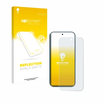 Vorderseite einer Produktverpackung mit dem Markenlogo upscreen. Daneben ist das Gerät Google Pixel 9 Pro mit dem zugehörigen 