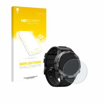 Vorderseite einer Produktverpackung mit dem Markenlogo upscreen. Daneben ist das Gerät Sanorum Smartwatch 1.43