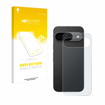 Vorderseite einer Produktverpackung mit dem Markenlogo upscreen. Daneben ist das Gerät Google Pixel 9 (Rückseite) mit dem zuge