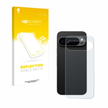 Vorderseite einer Produktverpackung mit dem Markenlogo upscreen. Daneben ist das Gerät Google Pixel 9 Pro (Rückseite) mit dem 