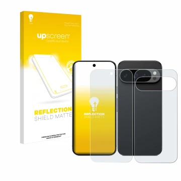 Vorderseite einer Produktverpackung mit dem Markenlogo upscreen. Daneben ist das Gerät Google Pixel 9 Pro (Display+Rückseite) 