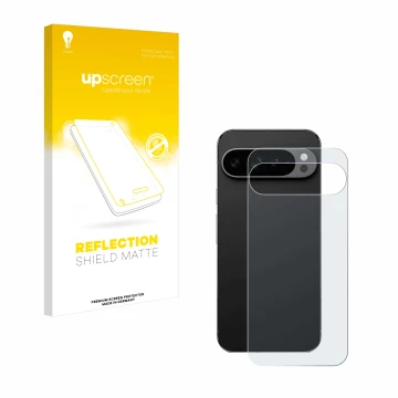 Vorderseite einer Produktverpackung mit dem Markenlogo upscreen. Daneben ist das Gerät Google Pixel 9 Pro XL (Rückseite) mit d