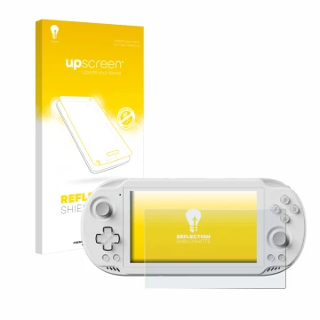 Vorderseite einer Produktverpackung mit dem Markenlogo upscreen. Daneben ist das Gerät AYN Odin 2 Mini mit dem zugehörigen Dis