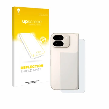 Vorderseite einer Produktverpackung mit dem Markenlogo upscreen. Daneben ist das Gerät Google Pixel 9 Pro Fold (Rückseite) mit