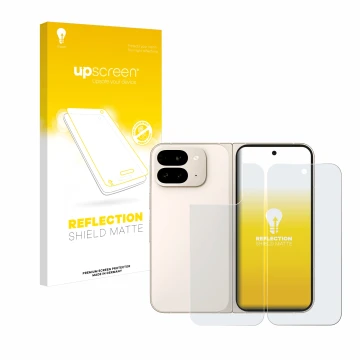 Vorderseite einer Produktverpackung mit dem Markenlogo upscreen. Daneben ist das Gerät Google Pixel 9 Pro Fold (Display+Rückse