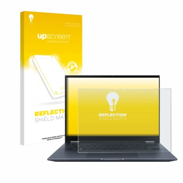 Vorderseite einer Produktverpackung mit dem Markenlogo upscreen. Daneben ist das Gerät ASUS Vivobook S 14 Flip TN3402 mit dem 